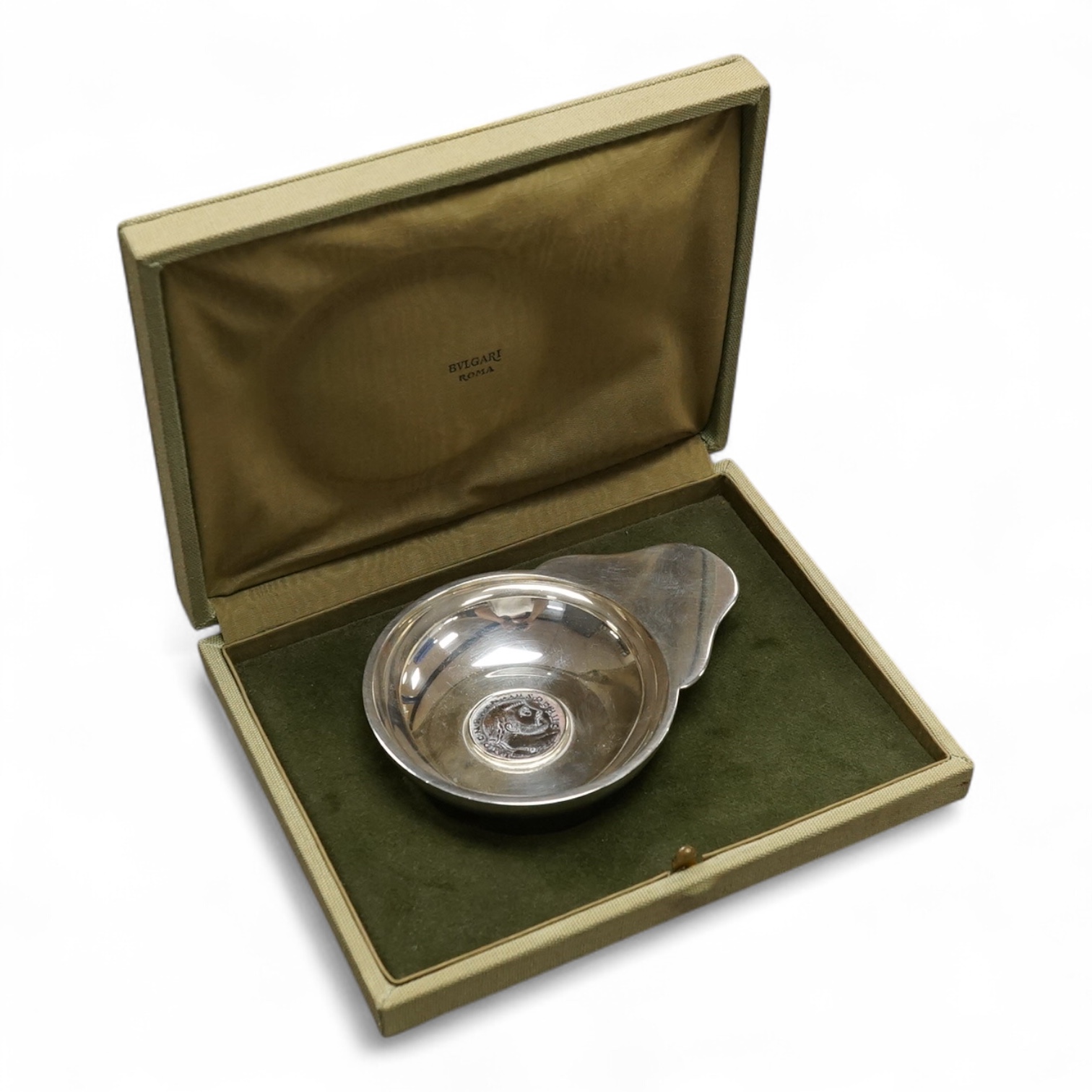 A late 20th century Bulgari 925 taste vin, with inset central Roman coin, 11.2cm, gross weight 109 grams, in original Bulgari box. Condition - fair to good